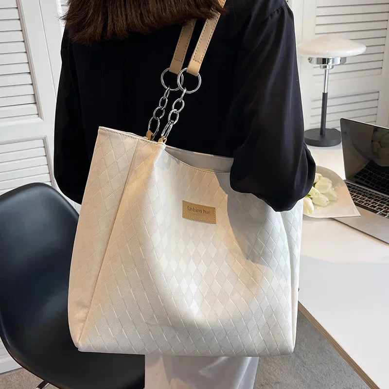 Large Capacity Tote Women's Fashion PU Commuter Female Simple Solid Color Rhombus Shoulder Bag Ladies All-match Casual