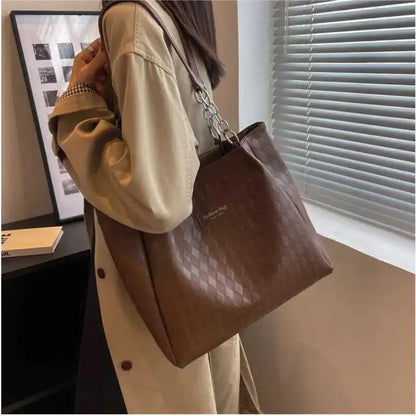 Large Capacity Tote Women's Fashion PU Commuter Female Simple Solid Color Rhombus Shoulder Bag Ladies All-match Casual