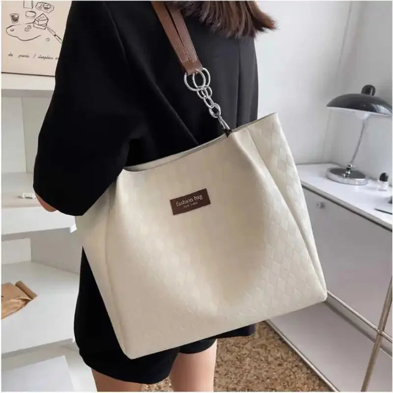 Large Capacity Tote Women's Fashion PU Commuter Female Simple Solid Color Rhombus Shoulder Bag Ladies All-match Casual
