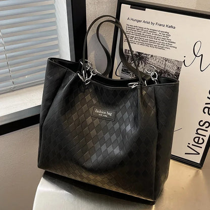 Large Capacity Tote Women's Fashion PU Commuter Female Simple Solid Color Rhombus Shoulder Bag Ladies All-match Casual