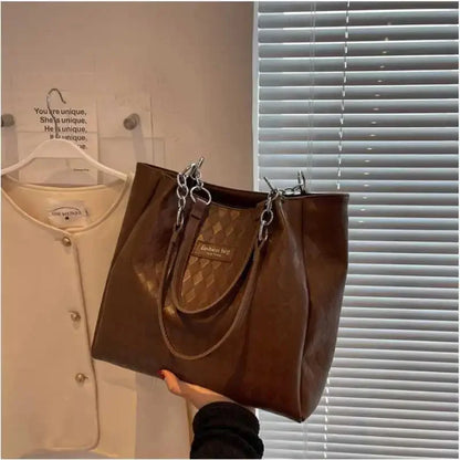 Large Capacity Tote Women's Fashion PU Commuter Female Simple Solid Color Rhombus Shoulder Bag Ladies All-match Casual