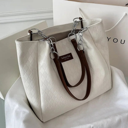 Large Capacity Tote Women's Fashion PU Commuter Female Simple Solid Color Rhombus Shoulder Bag Ladies All-match Casual