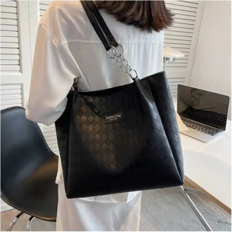 Large Capacity Tote Women's Fashion PU Commuter Female Simple Solid Color Rhombus Shoulder Bag Ladies All-match Casual