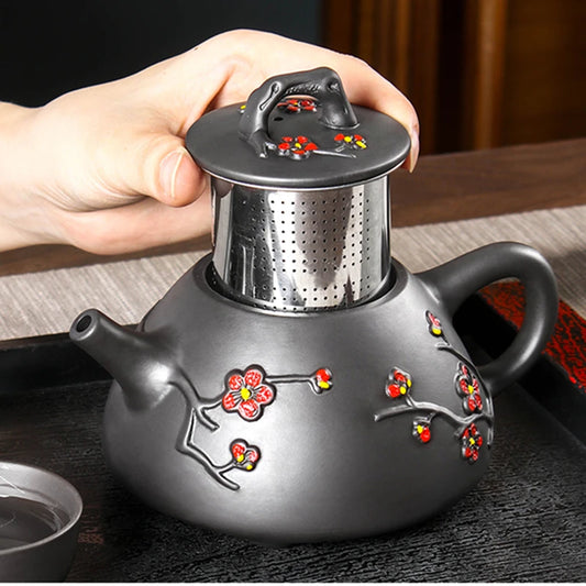 Large Capacity Yixing Clay Teapot, Hand Colored Stone Ladle, Plum Pot, Stainless Steel Filter, Handmade Kungfu Tea Kettle