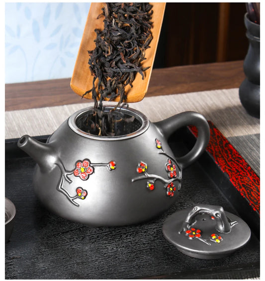Large Capacity Yixing Clay Teapot, Hand Colored Stone Ladle, Plum Pot, Stainless Steel Filter, Handmade Kungfu Tea Kettle