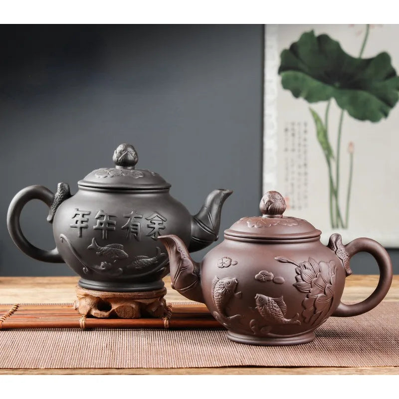 Large Capacity Yixing Purple Clay Tea Pot Hand-carved and Painted Lotus Teapot Household Tea Infuser Retro Tea Set 1000ml