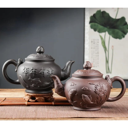 Large Capacity Yixing Purple Clay Tea Pot Hand-carved and Painted Lotus Teapot Household Tea Infuser Retro Tea Set 1000ml