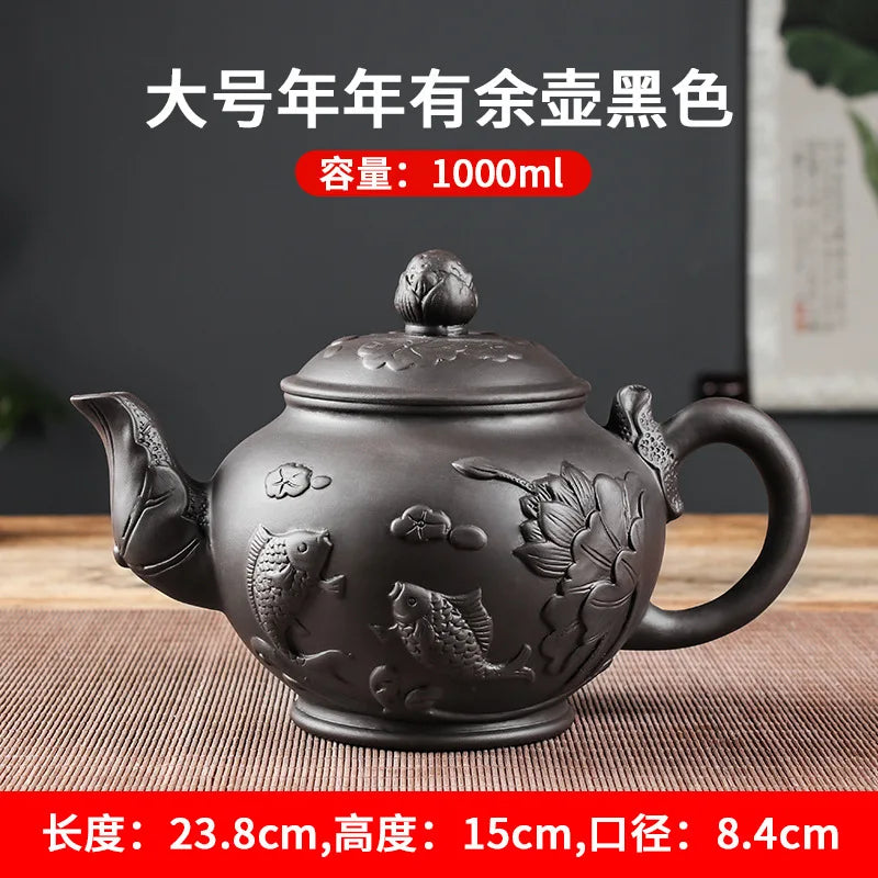 Large Capacity Yixing Purple Clay Tea Pot Hand-carved and Painted Lotus Teapot Household Tea Infuser Retro Tea Set 1000ml