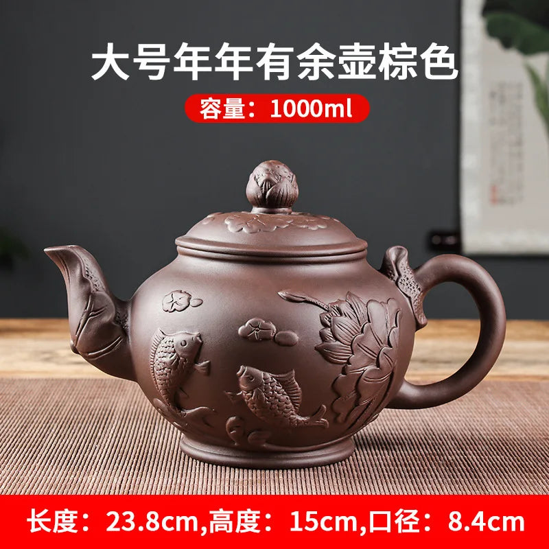 Large Capacity Yixing Purple Clay Tea Pot Hand-carved and Painted Lotus Teapot Household Tea Infuser Retro Tea Set 1000ml
