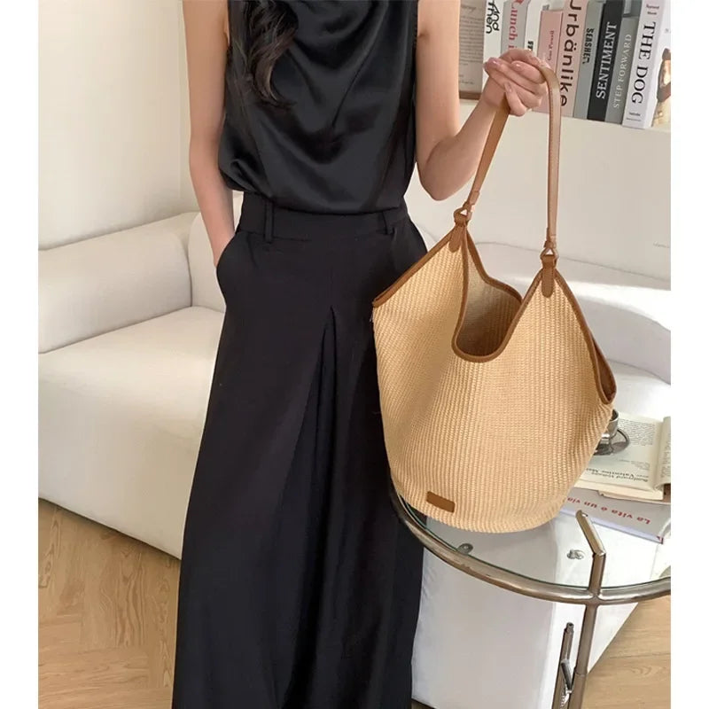 Large Cpacity Casual Straw Bags Women's Tote 2024 New Summer Commuter Woven Bag Fashion One Shoulder Handbags Elegant Purses