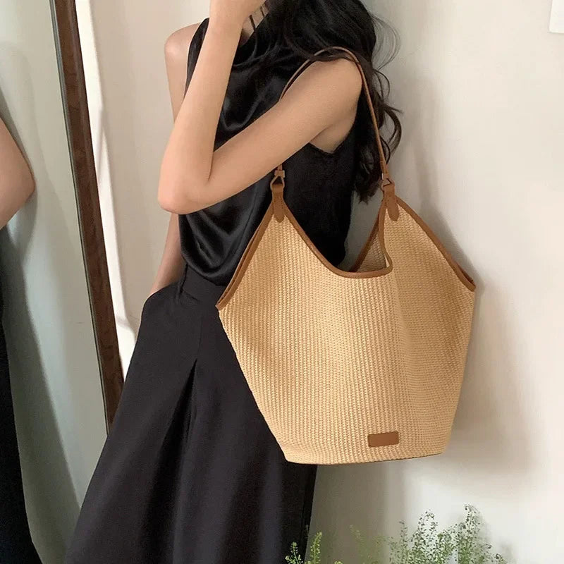 Large Cpacity Casual Straw Bags Women's Tote 2024 New Summer Commuter Woven Bag Fashion One Shoulder Handbags Elegant Purses
