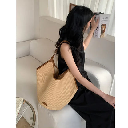 Large Cpacity Casual Straw Bags Women's Tote 2024 New Summer Commuter Woven Bag Fashion One Shoulder Handbags Elegant Purses