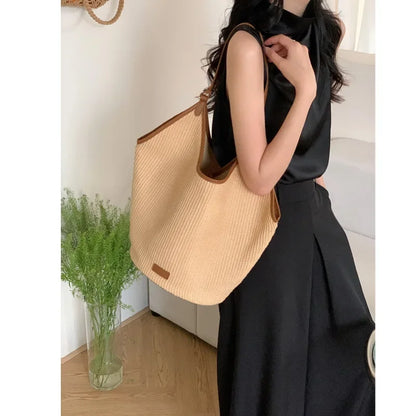 Large Cpacity Casual Straw Bags Women's Tote 2024 New Summer Commuter Woven Bag Fashion One Shoulder Handbags Elegant Purses
