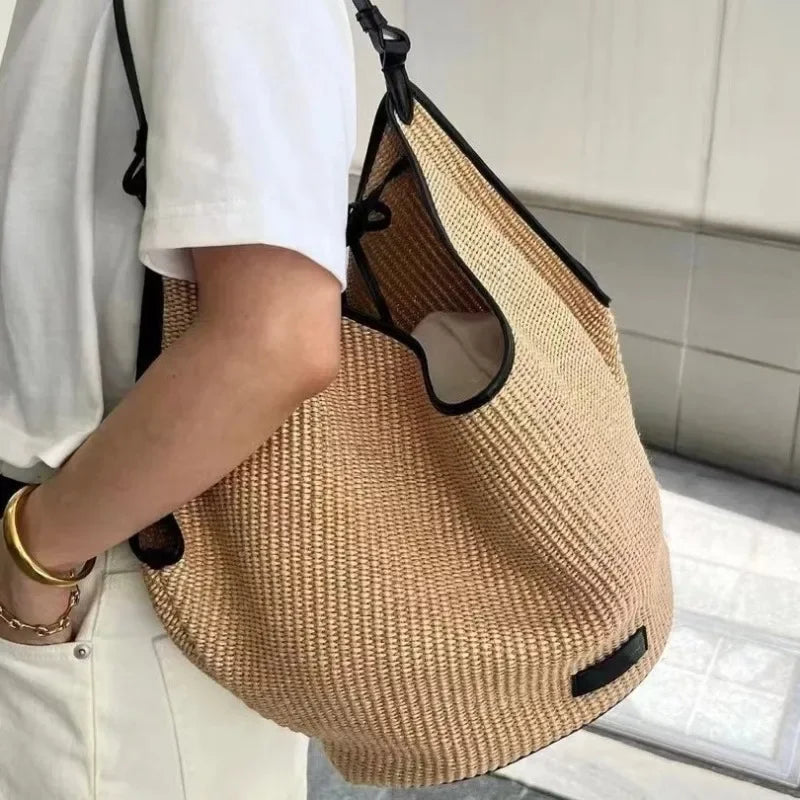 Large Cpacity Straw Woven Tote Bags Fow Women Beach Style Casual All-match Versatile Handbags Genuine Leather Straps Purses