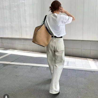 Large Cpacity Straw Woven Tote Bags Fow Women Beach Style Casual All-match Versatile Handbags Genuine Leather Straps Purses