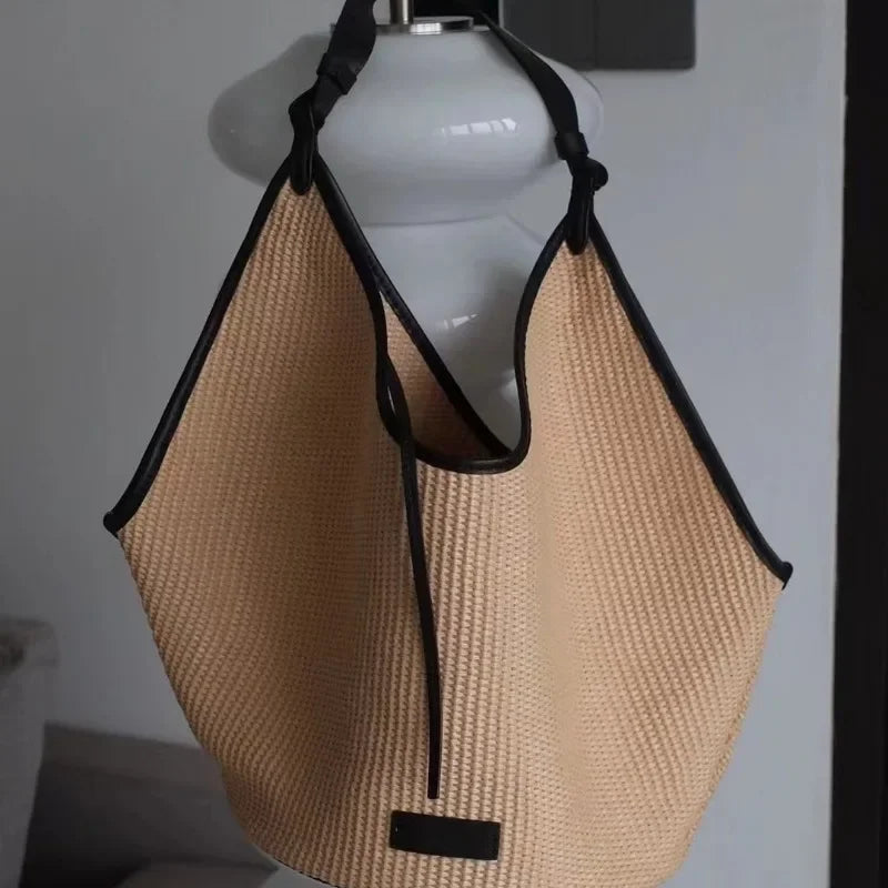 Large Cpacity Straw Woven Tote Bags Fow Women Beach Style Casual All-match Versatile Handbags Genuine Leather Straps Purses