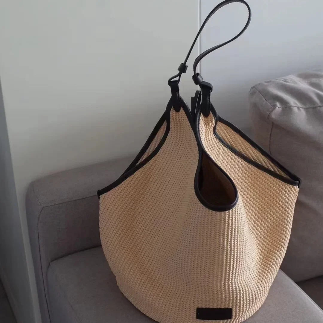 Large Cpacity Straw Woven Tote Bags Fow Women Beach Style Casual All-match Versatile Handbags Genuine Leather Straps Purses