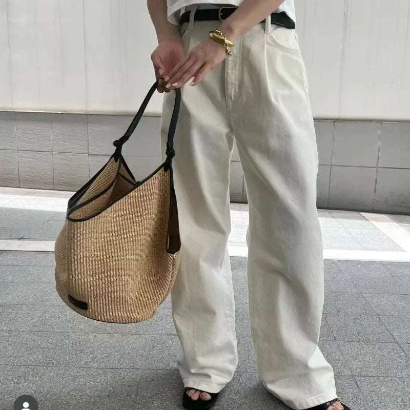 Large Cpacity Straw Woven Tote Bags Fow Women Beach Style Casual All-match Versatile Handbags Genuine Leather Straps Purses
