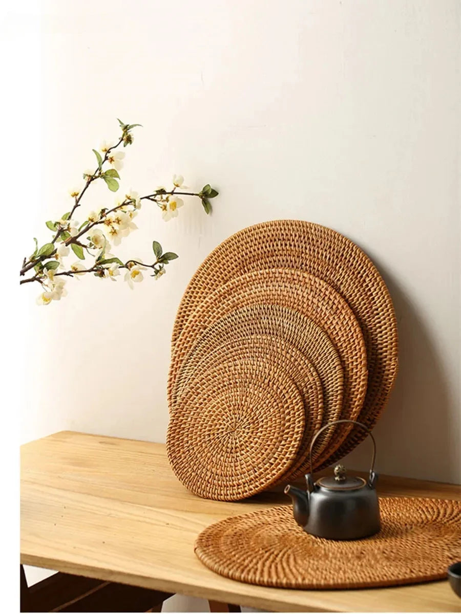 Large Garden Style Rattan Tea Mat Hand-woven Round Anti-hot Insulated Table Mat Placemat Traditional Tea Set Accessories