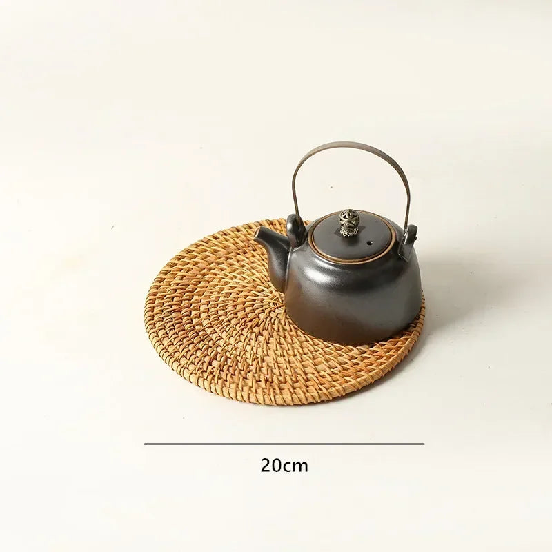 Large Garden Style Rattan Tea Mat Hand-woven Round Anti-hot Insulated Table Mat Placemat Traditional Tea Set Accessories