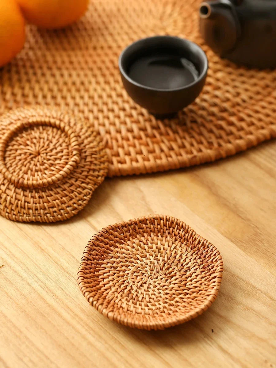 Large Garden Style Rattan Tea Mat Hand-woven Round Anti-hot Insulated Table Mat Placemat Traditional Tea Set Accessories