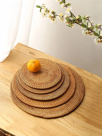 Large Garden Style Rattan Tea Mat Hand-woven Round Anti-hot Insulated Table Mat Placemat Traditional Tea Set Accessories