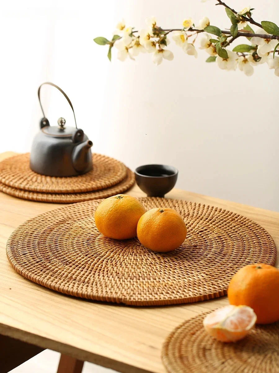 Large Garden Style Rattan Tea Mat Hand-woven Round Anti-hot Insulated Table Mat Placemat Traditional Tea Set Accessories