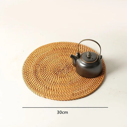 Large Garden Style Rattan Tea Mat Hand-woven Round Anti-hot Insulated Table Mat Placemat Traditional Tea Set Accessories