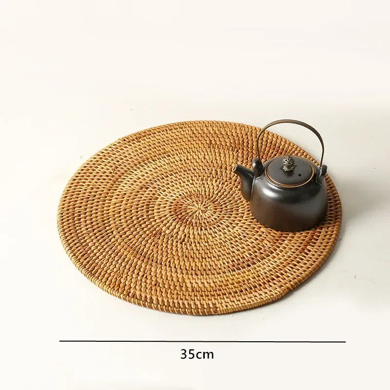 Large Garden Style Rattan Tea Mat Hand-woven Round Anti-hot Insulated Table Mat Placemat Traditional Tea Set Accessories