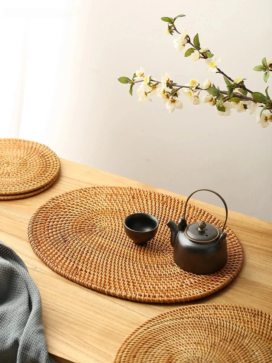 Large Garden Style Rattan Tea Mat Hand-woven Round Anti-hot Insulated Table Mat Placemat Traditional Tea Set Accessories
