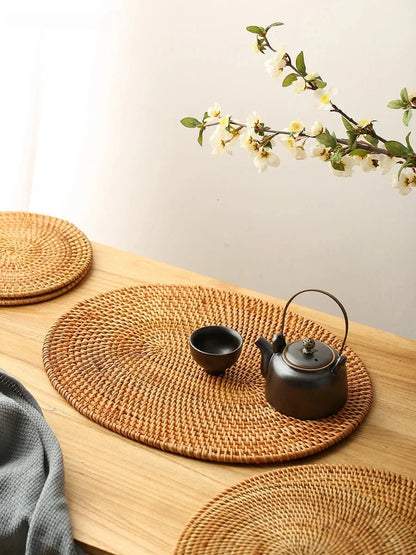 Large Garden Style Rattan Tea Mat Hand-woven Round Anti-hot Insulated Table Mat Placemat Traditional Tea Set Accessories