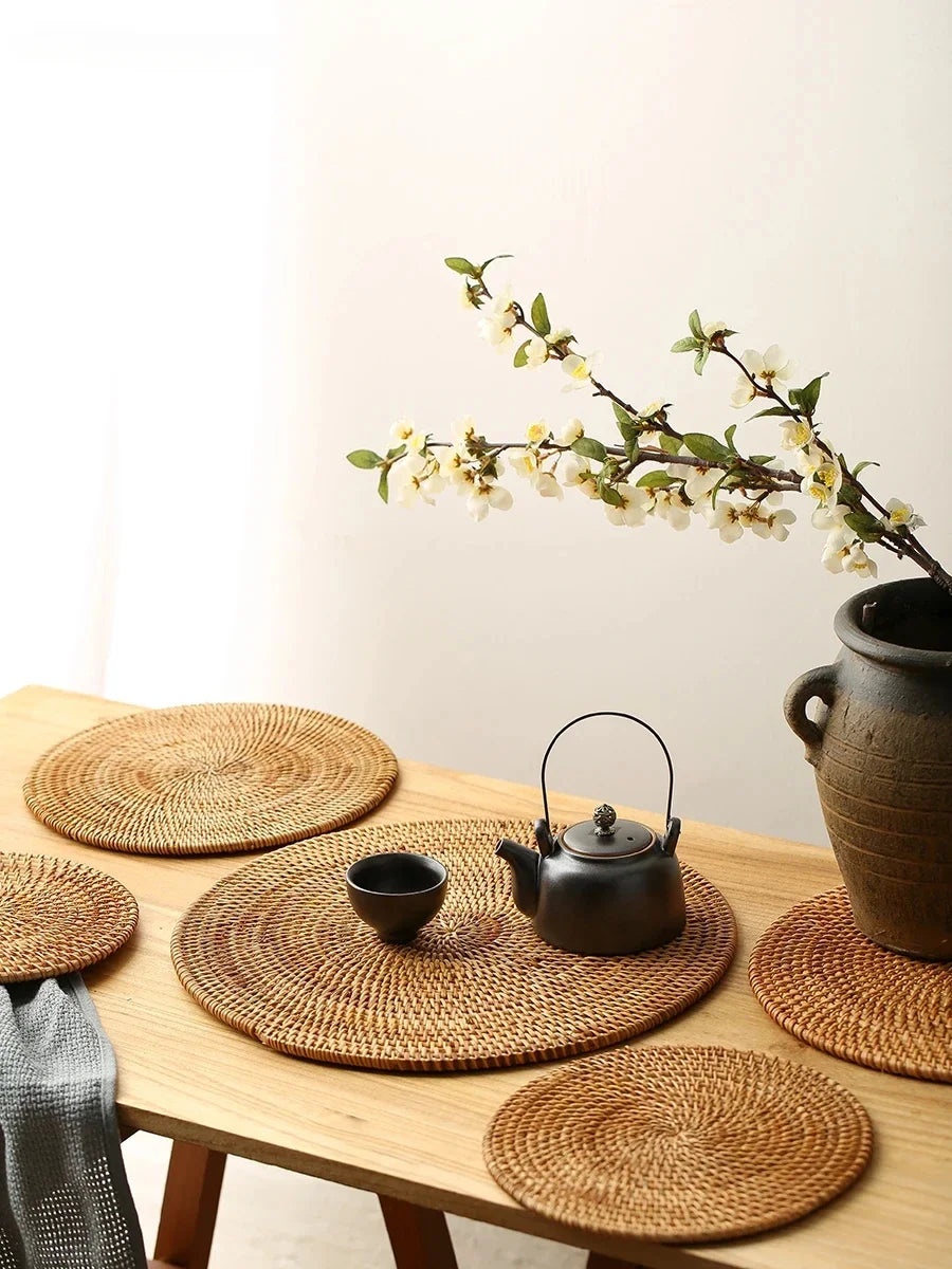 Large Garden Style Rattan Tea Mat Hand-woven Round Anti-hot Insulated Table Mat Placemat Traditional Tea Set Accessories