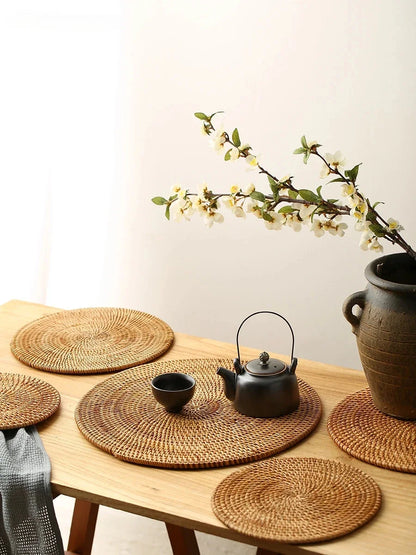 Large Garden Style Rattan Tea Mat Hand-woven Round Anti-hot Insulated Table Mat Placemat Traditional Tea Set Accessories