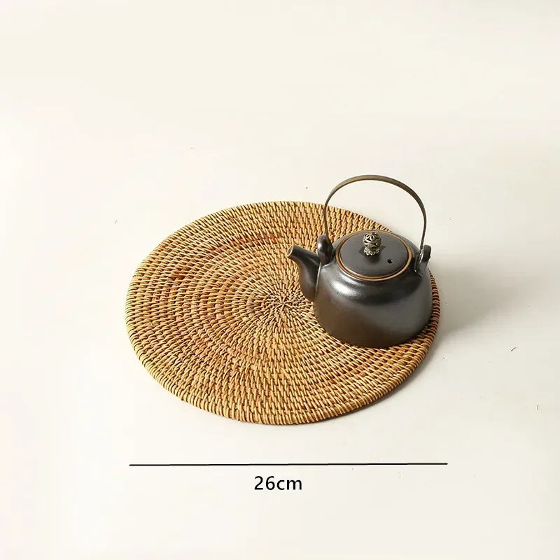 Large Garden Style Rattan Tea Mat Hand-woven Round Anti-hot Insulated Table Mat Placemat Traditional Tea Set Accessories