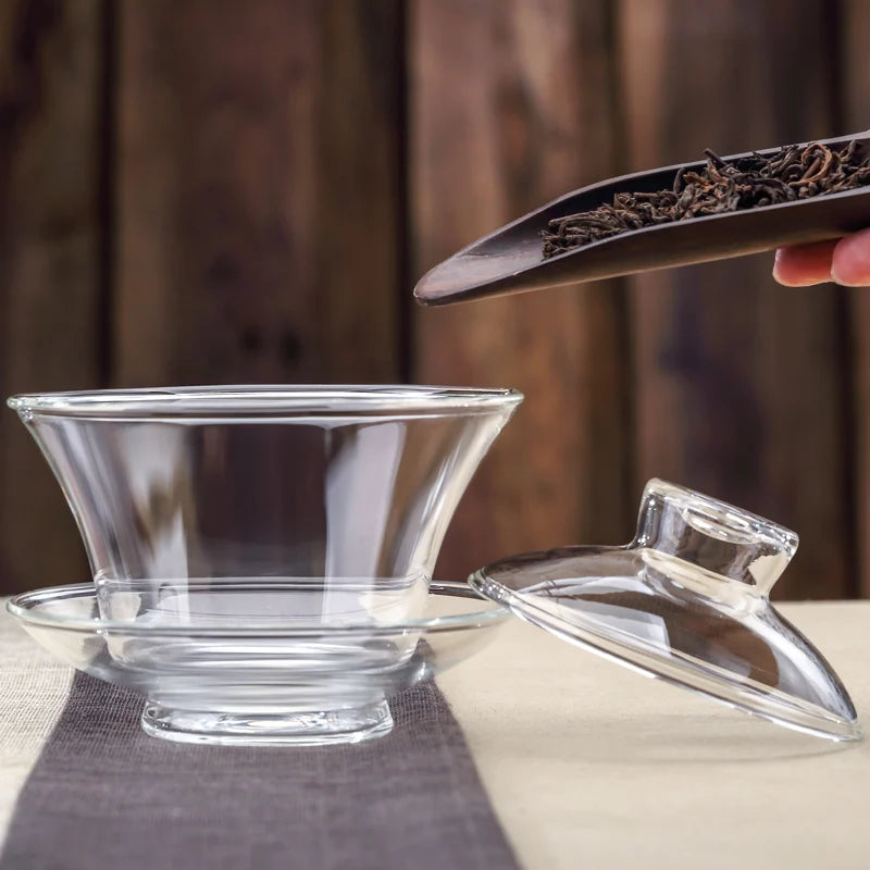 Large Glass Tea Cup and Tea Lid Set, Transparent Gaiwan, Chinese Teaset Sancai Tea Bowl, Single Thick Heat-Resistant Cover