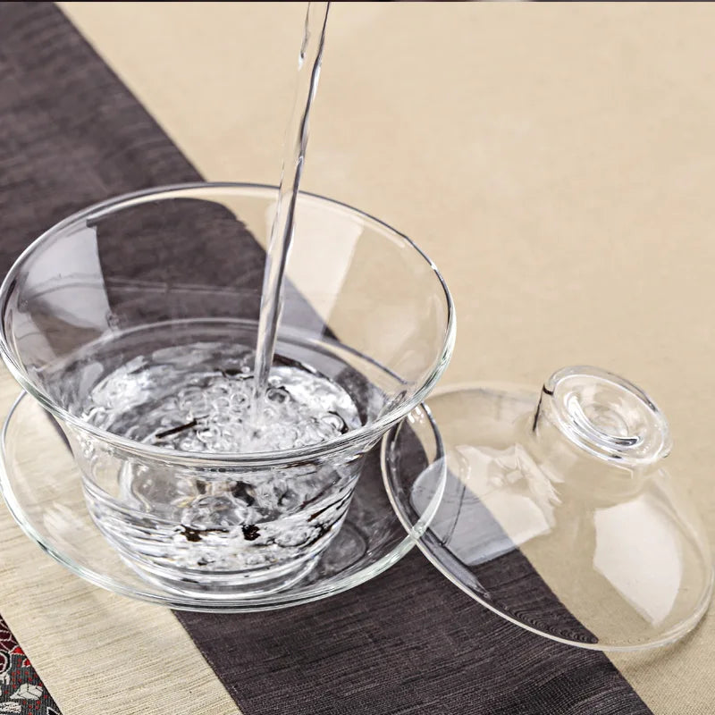 Large Glass Tea Cup and Tea Lid Set, Transparent Gaiwan, Chinese Teaset Sancai Tea Bowl, Single Thick Heat-Resistant Cover