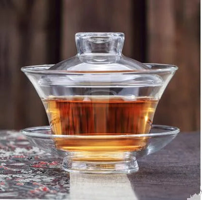 Large Glass Tea Cup and Tea Lid Set, Transparent Gaiwan, Chinese Teaset Sancai Tea Bowl, Single Thick Heat-Resistant Cover