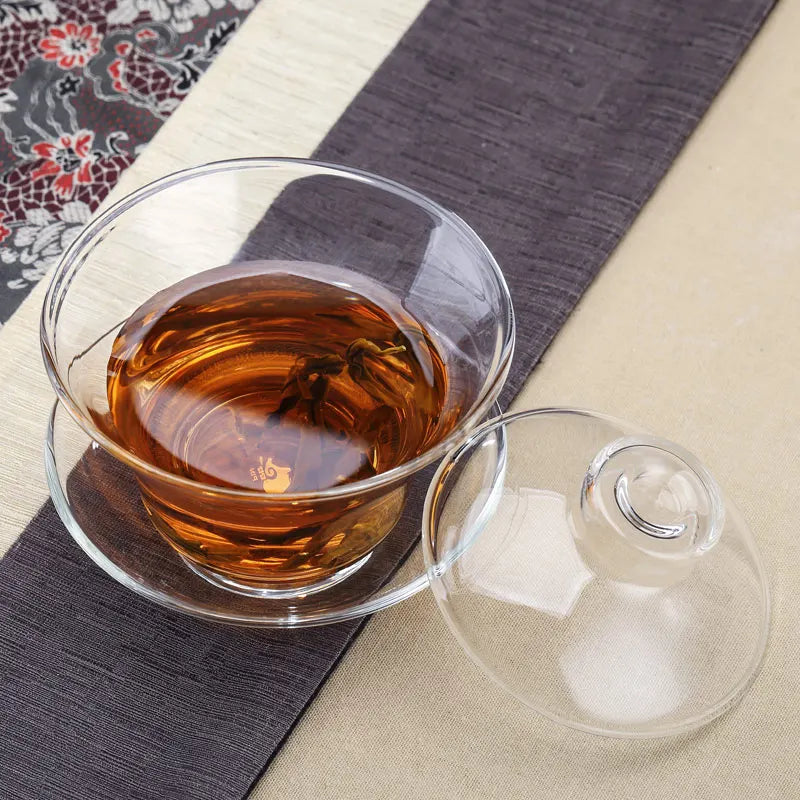 Large Glass Tea Cup and Tea Lid Set, Transparent Gaiwan, Chinese Teaset Sancai Tea Bowl, Single Thick Heat-Resistant Cover