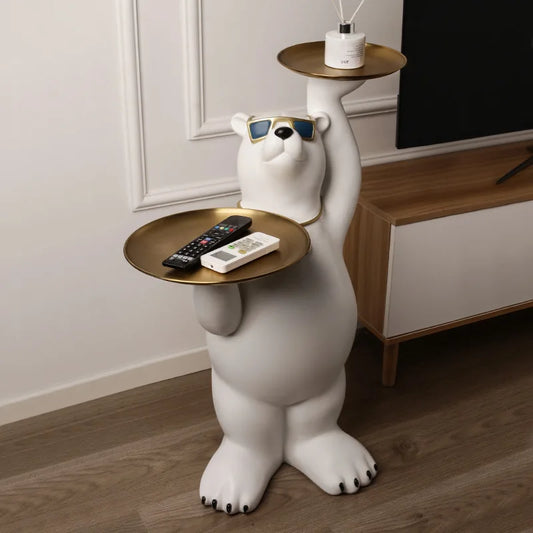 Large Polar Bear Statue with 2 Trays Sunglasses Floor Ornament Resin Figurine Animal Sculpture Home Decoration Housewarming Gift