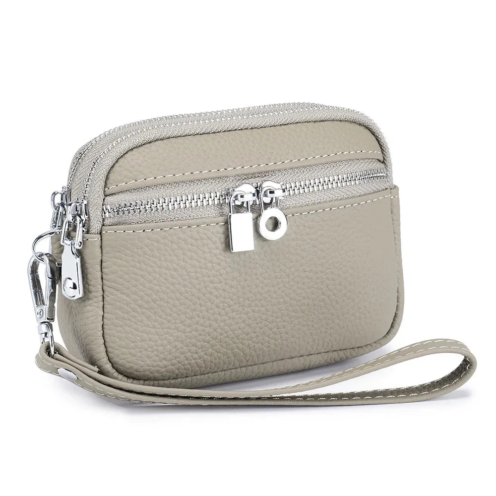 Large Pouch Wallet New Genuine Leather Change Coin Purse Holder for Women Brand Clutch Bag with Removable Wrist Strap