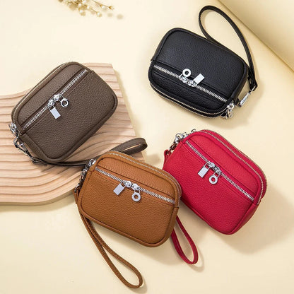 Large Pouch Wallet New Genuine Leather Change Coin Purse Holder for Women Brand Clutch Bag with Removable Wrist Strap