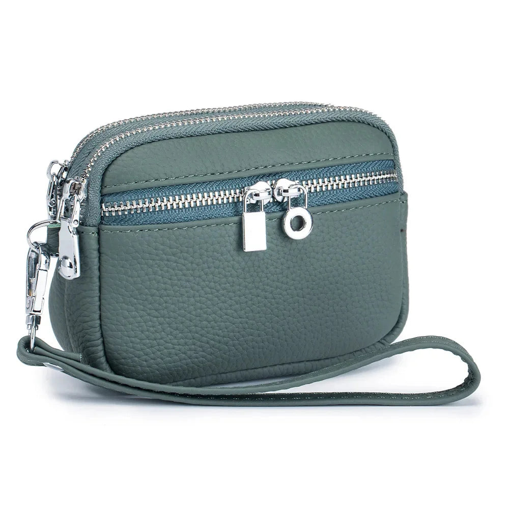 Large Pouch Wallet New Genuine Leather Change Coin Purse Holder for Women Brand Clutch Bag with Removable Wrist Strap