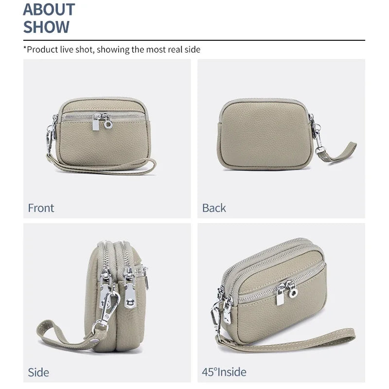 Large Pouch Wallet New Genuine Leather Change Coin Purse Holder for Women Brand Clutch Bag with Removable Wrist Strap