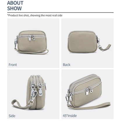 Large Pouch Wallet New Genuine Leather Change Coin Purse Holder for Women Brand Clutch Bag with Removable Wrist Strap