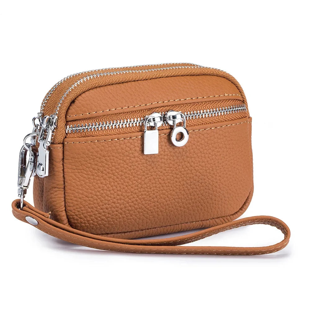 Large Pouch Wallet New Genuine Leather Change Coin Purse Holder for Women Brand Clutch Bag with Removable Wrist Strap