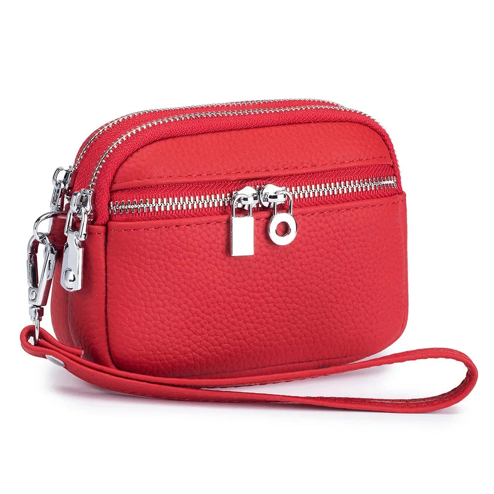 Large Pouch Wallet New Genuine Leather Change Coin Purse Holder for Women Brand Clutch Bag with Removable Wrist Strap