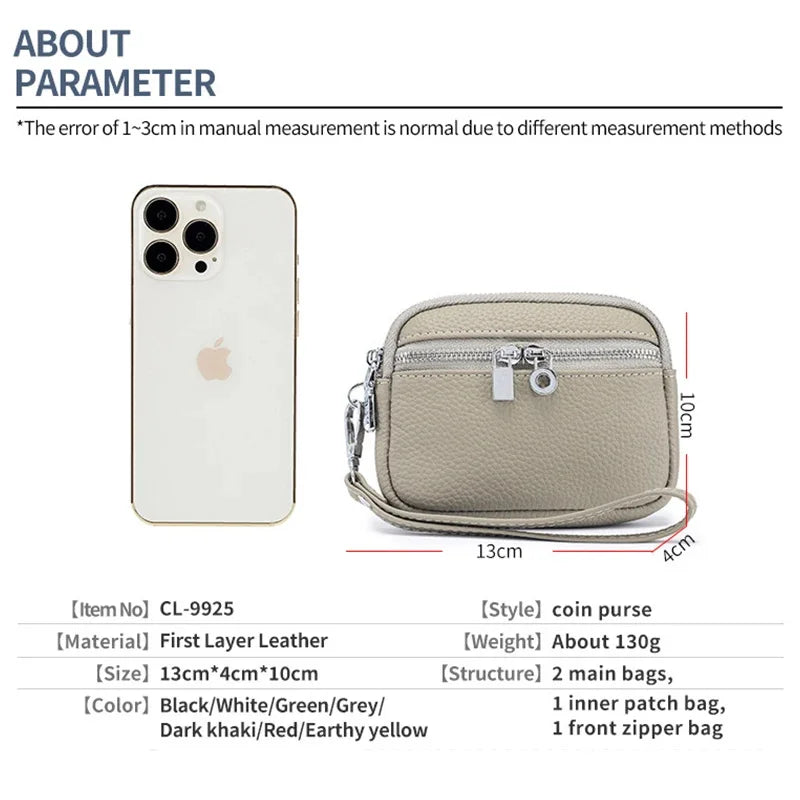 Large Pouch Wallet New Genuine Leather Change Coin Purse Holder for Women Brand Clutch Bag with Removable Wrist Strap
