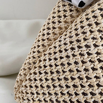 Large Summer Beach Shoulder Bag Straw Woven Square with Silk Ribbon Handle Purse