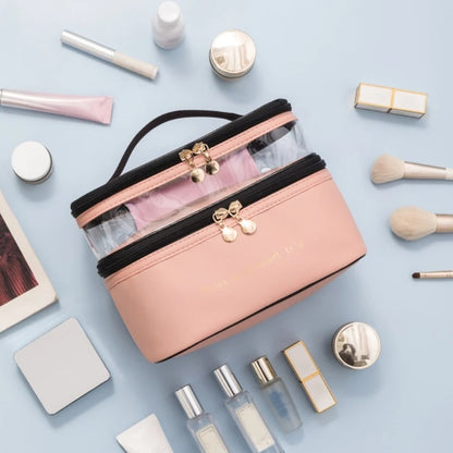 Large Travel Toiletry Cosmetic Bags Double Layer Portable PU Leather Makeup Bags Multifunctional Storage Pouch for Women