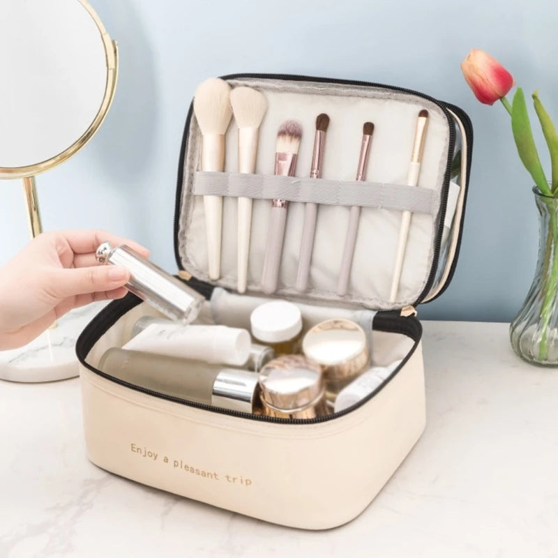 Large Travel Toiletry Cosmetic Bags Double Layer Portable PU Leather Makeup Bags Multifunctional Storage Pouch for Women